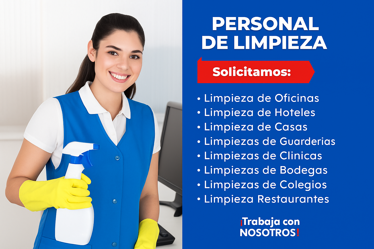 Se solicita personal para limpieza en oficinas, hoteles y residencias. Contratación inmediata.